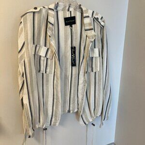Velvet Heart, Size S, Lightweight Linen Jacket (Neutral and Blue Striped)